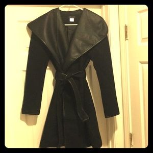 Black coat with leather trim and belt